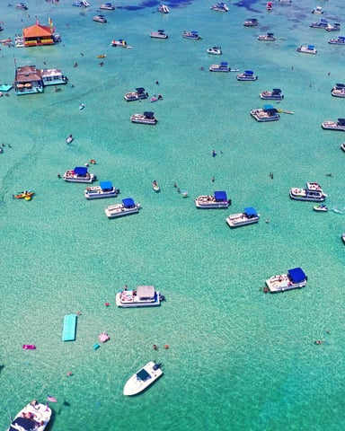 Aerial view of Crab Island sandbar in Destin