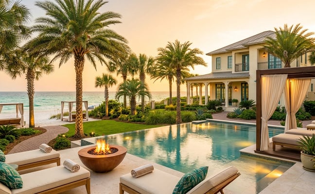 Aerial view of a Destin pool home with the emerald Gulf just behind it